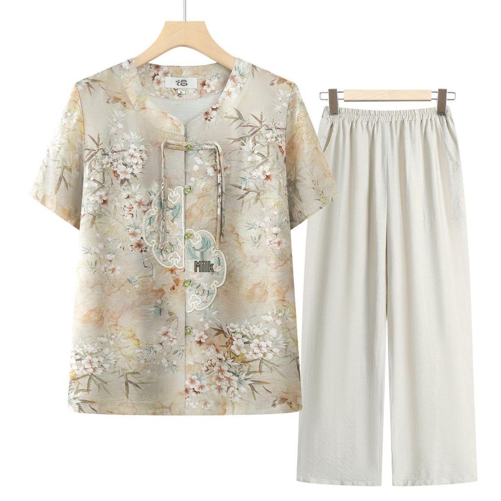 Chinese Style Summer Suit: Short-Sleeved Shirt & Cardigan Set for Middle-Aged and Elderly Women