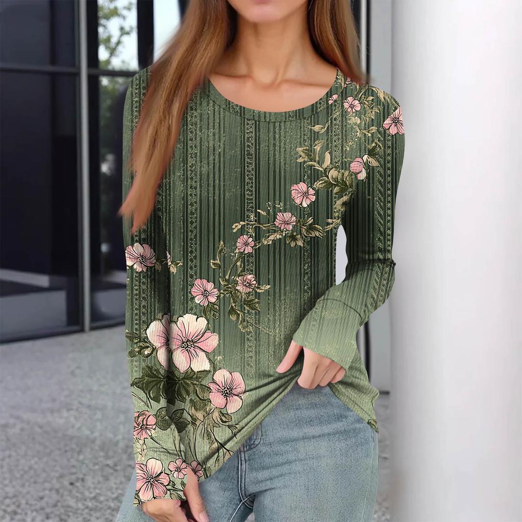 Women's  And Winter Slim Bottom T-shirt Fashion Casual Gradient Printing Round Neck Pullover Long Sleeve Top