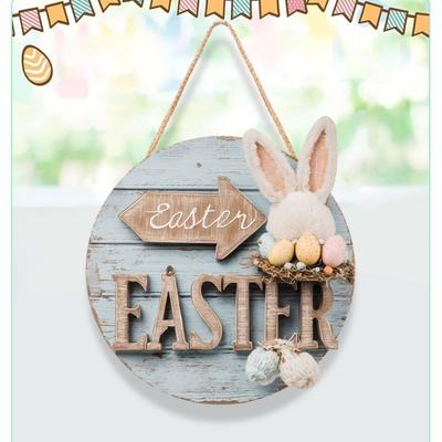 Ornement d'Art Panneau de Bienvenue Lapin de Pâques en Bois Panneau Suspendu Rond en Bois Vintage Œufs de Lapin Panneau de Porte Joyeuses Pâques Maison