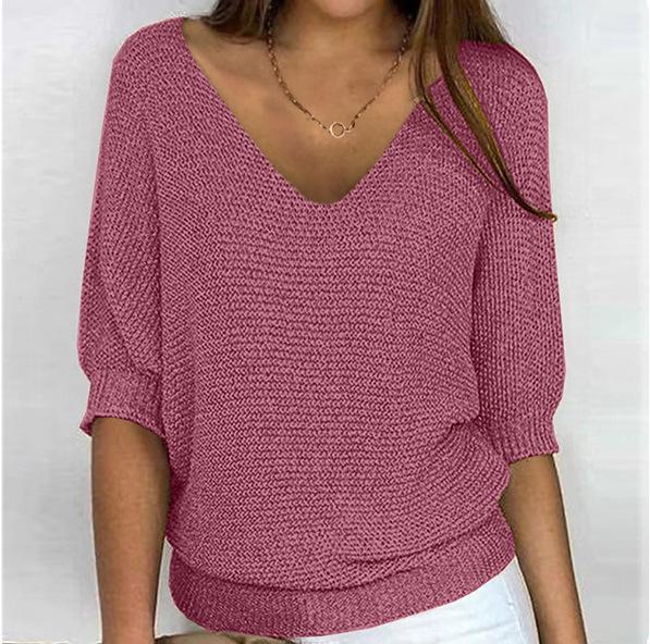 2026 Women's Solid Color Round Neck Knitwear Three-Quarter Sleeve Top