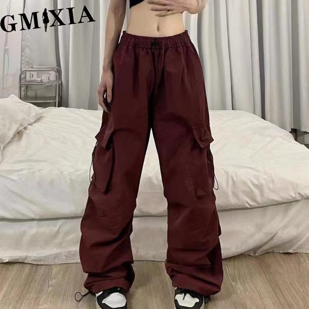 

GMXIA Женские брюки карго в стиле хип-хоп, мешковатые однотонные брюки с эластичной талией, свободные дышащие женские брюки S бордовый