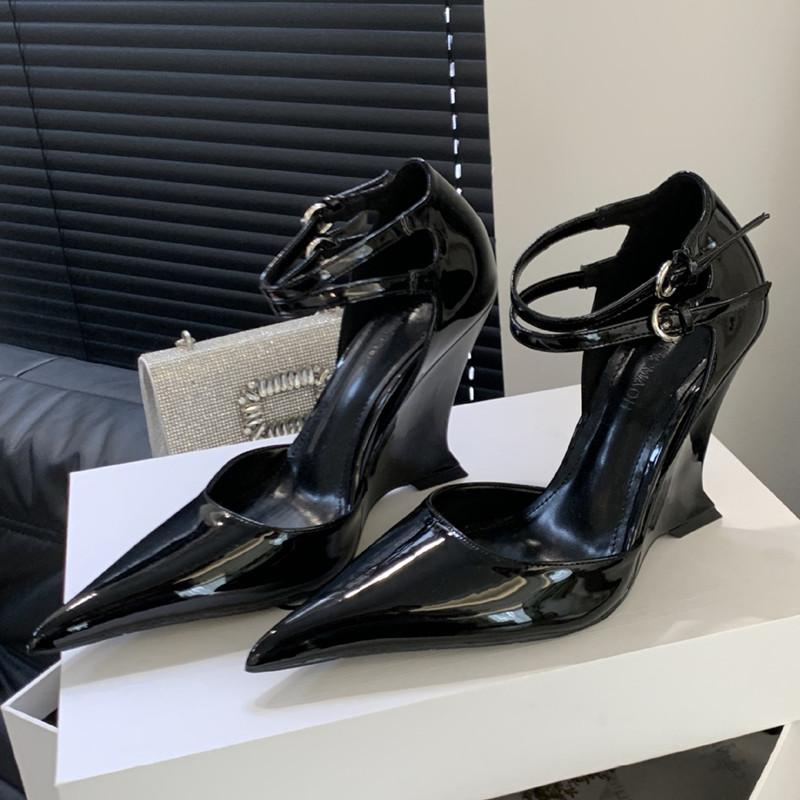 

Patent Leather Platform Wedges Women Pumps Spring Autumn Double Strap Buckle High heels Mule Wedding Party Sandals Shoes 35 чёрный