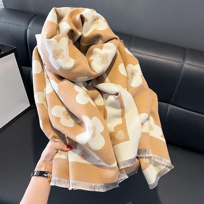 Autumn and winter versatile double-sided two-color flower design shawl women's dual-purpose extended warm imitation cashmere scarf