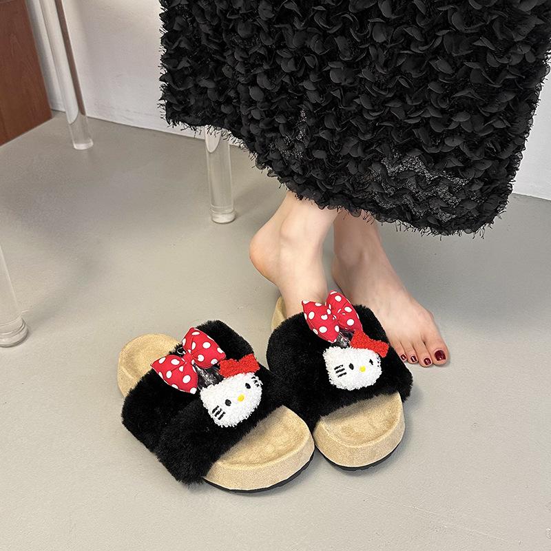 Cute cartoon KT cat thick bottom one-word drag female 2025 new autumn and winter outer wear non-slip warm lazy hairy drag