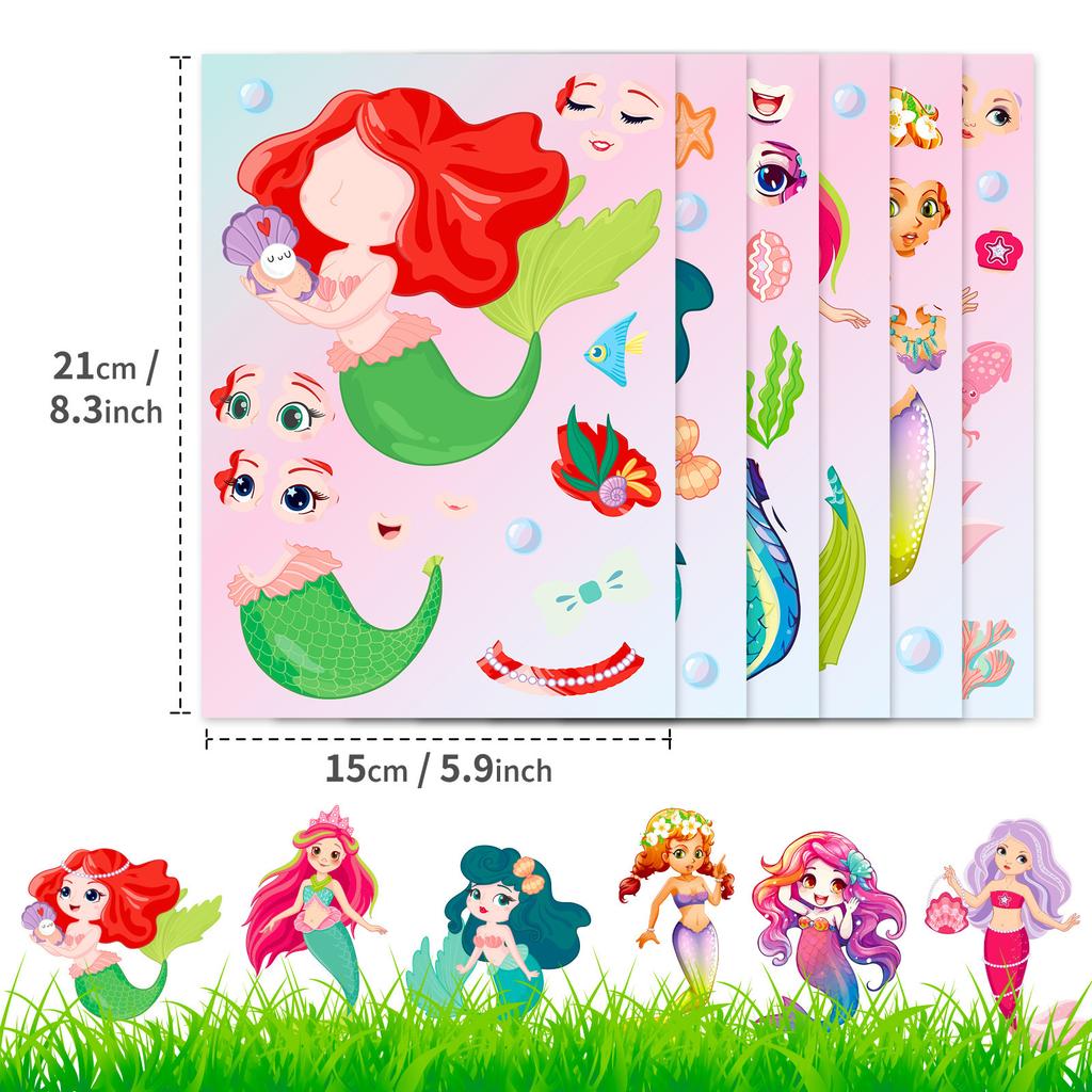 6 Photos/Bake Mermaid Face Change Sticker Mermaid Princess Cartoon Parent-Child Interactive Puzzle Handbook DIY Puzzle Sticker