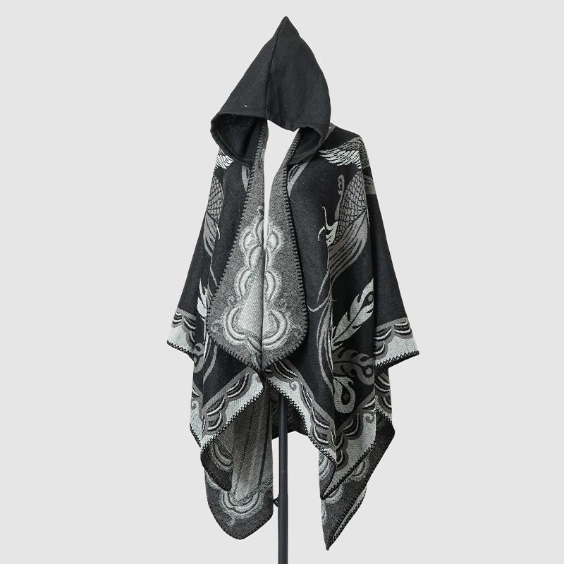 Winter Women Scarf Hooded Layers Poncho Elegant Lady Retro Print Warm Wrap Shawl Scarve Capa Para Mujer Pashmina Cloak Fashion