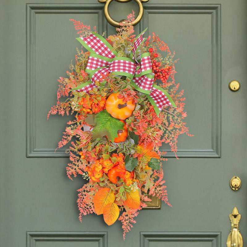 Cangyan Autumn Colors Pumpkin Thanksgiving Wreath with Bow - Door Decoration.