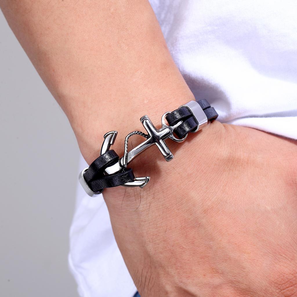 Men's Stainless Steel Leather Bracelet Woven Anchor Wolf Head Bracelet Fashionable Retro Geometric Style Unisex Hand Accessory
