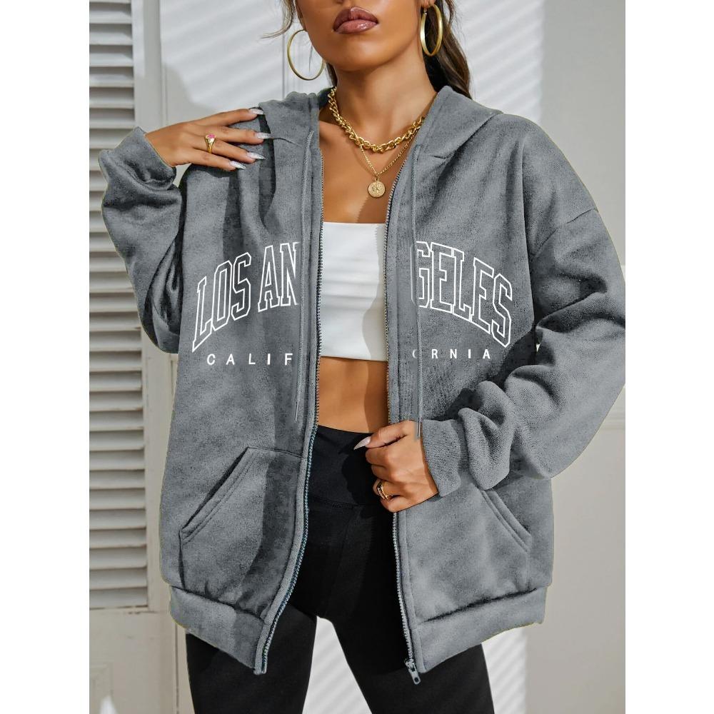 Los Angeles Art Letter Women Zipper Hoodies Hip Hop Fleece Streetwear Comfortable Female Clothes Sportswear