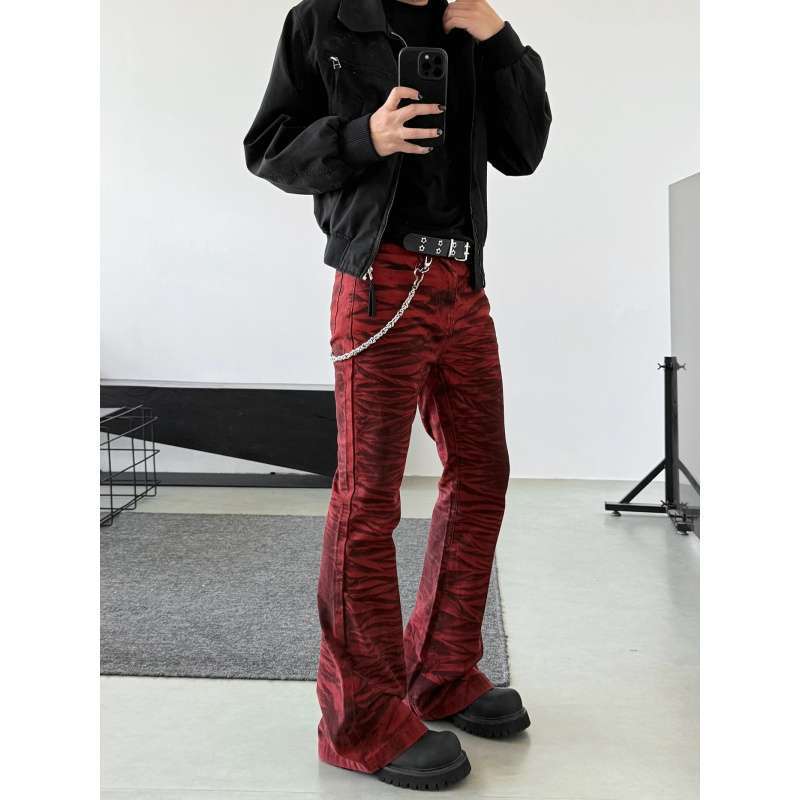JYL Men's Flare Jeans American New Red Vintage Cleanfit High-Street Denim Pants