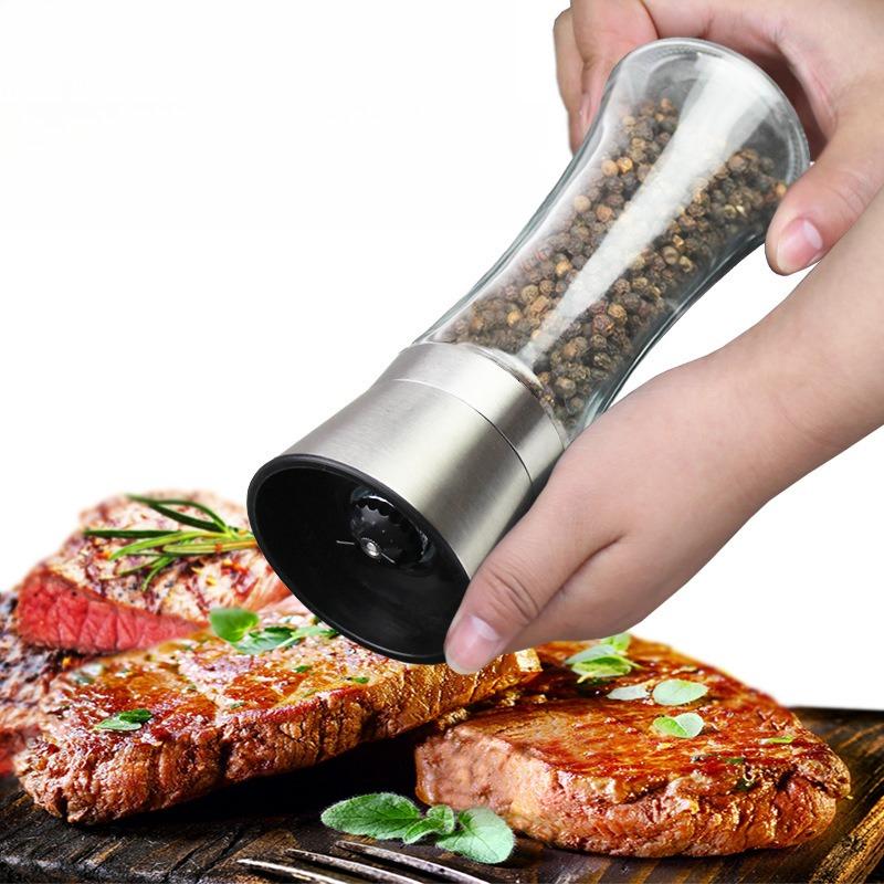 Stainless Steel Black Pepper Grinder Manual Carbon Steel Core Glass Seasoning Box Jar Pepper Spice