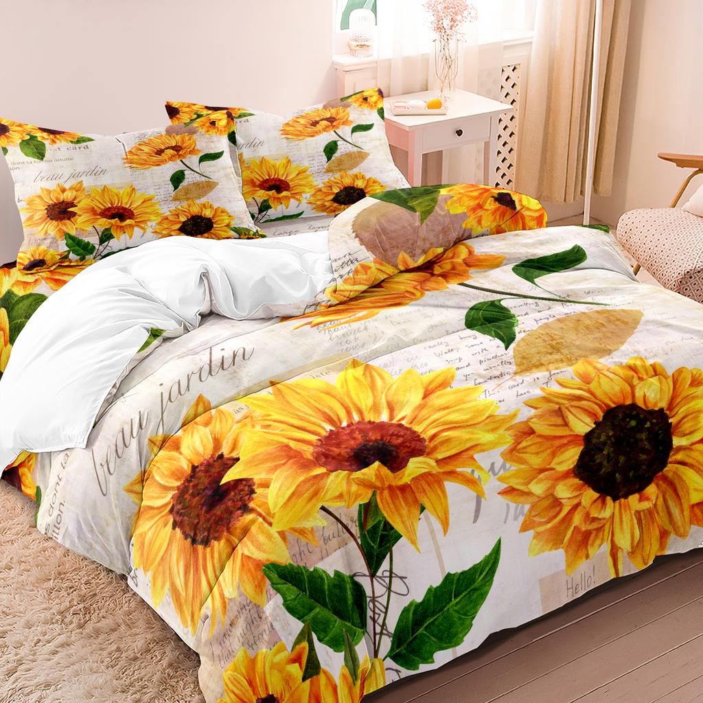 Ensemble de housse de couette Tournesol 3 pièces, Literie Florale Vintage avec taies d'oreiller, Housse de couette douce pour chambre d'adulte, dortoir
