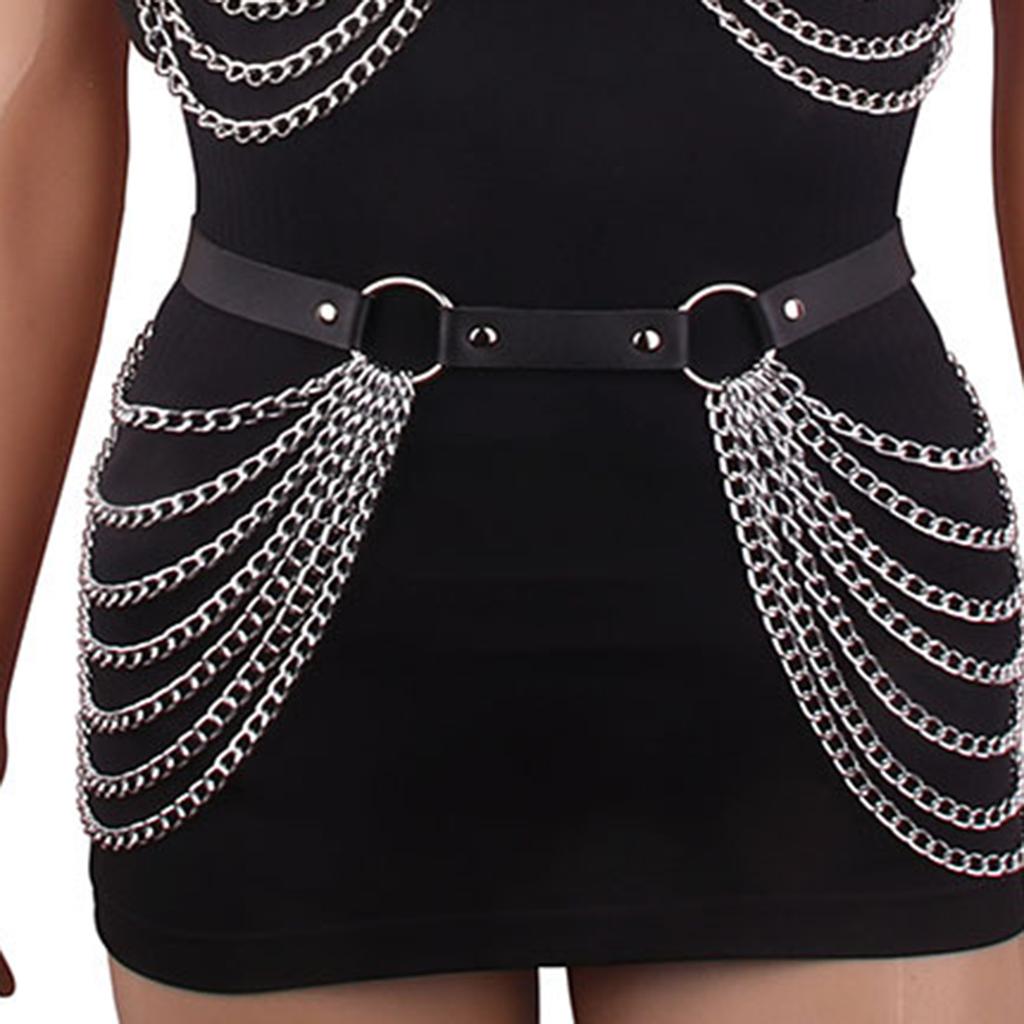Punk Leather Body Chain, Black Multi-Layer Chain Waist Chain, Nightclub Body Accessories, Women'S Jewelry, Festival Wear