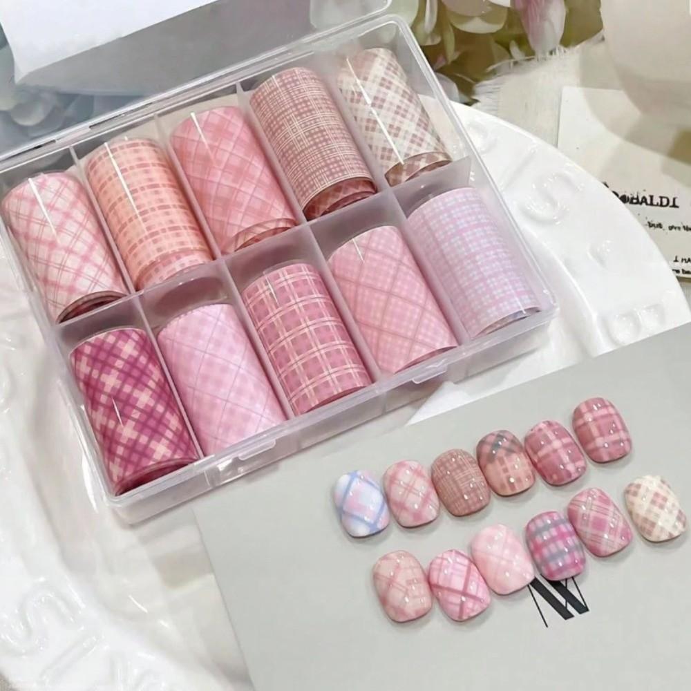10 Rollen Karomuster Nail Art Aufkleber Rosa Gitter Maniküre Abziehbilder Nail Art Folie Nageldekoration