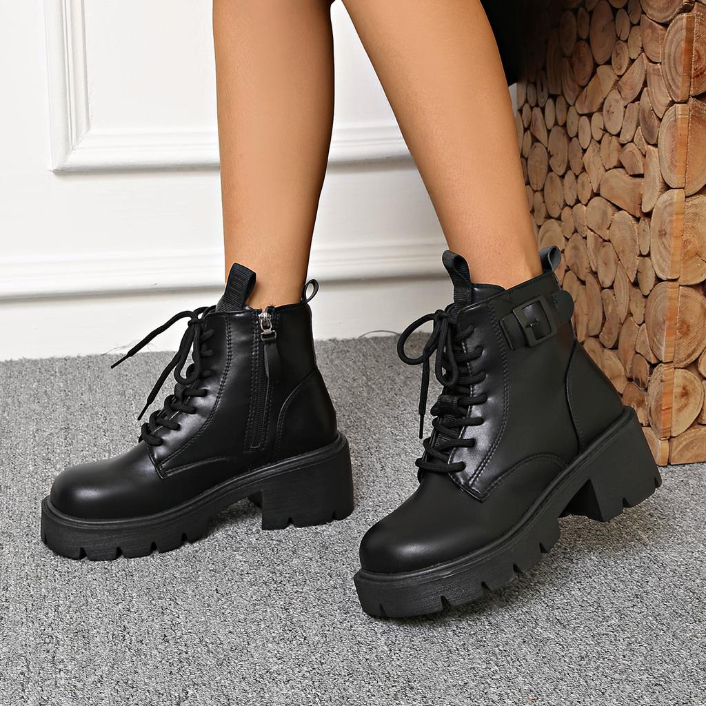 Fashion The 2025 autumn new British-style round-toed thick-soled height-increasing fashionable and trendy motorcycle ankle boots