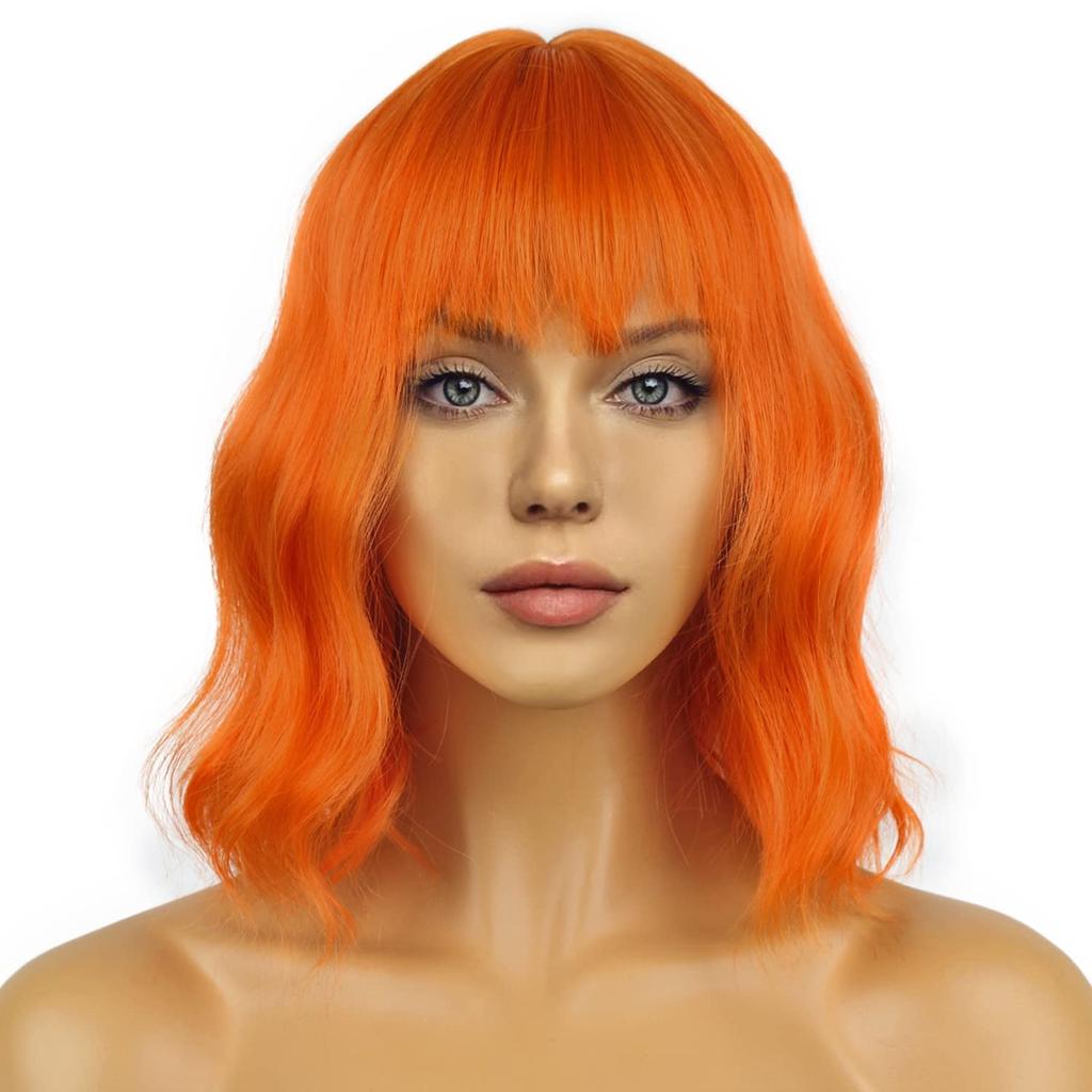 LANCAINI Short Bob Wigs with Bangs for Women Loose Wavy Wig Curly Wavy Shoulder Length Bob Synthetic Cosplay Wig for Girl Colorful Costume Wigs