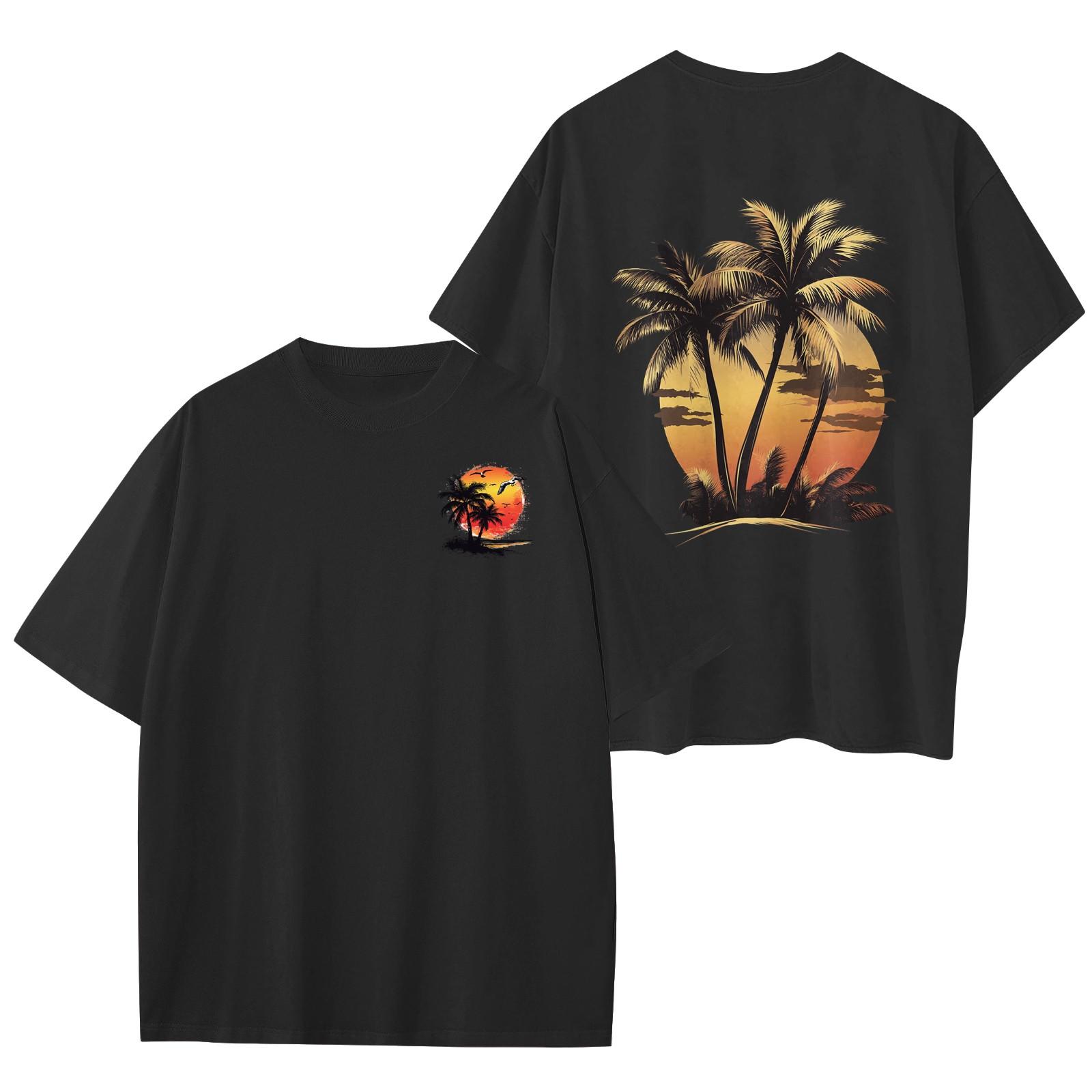 

Женский круглый вырез модный свободный гавайский принт короткие рукава XXXL чёрный