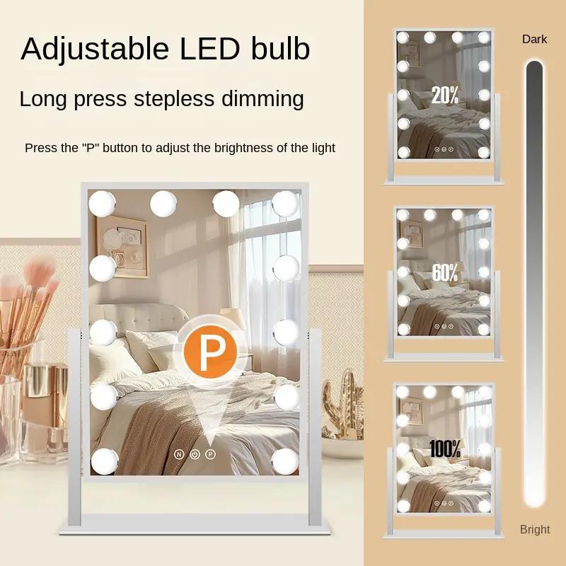 Lustro do makijażu Hollywood z 9 żarówkami LED, 3-kolorowe oświetlenie, ściemnianie, sterowanie dotykowe, obrót 360° do garderoby i sypialni