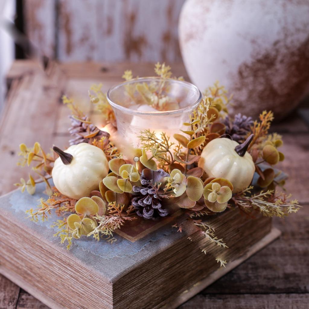 Candle Cup Holder Wreath Stable Artificial Eucalyptus Wreath Pumpkin Candle Holder Wreath Autumn For Living Room Coffee Table