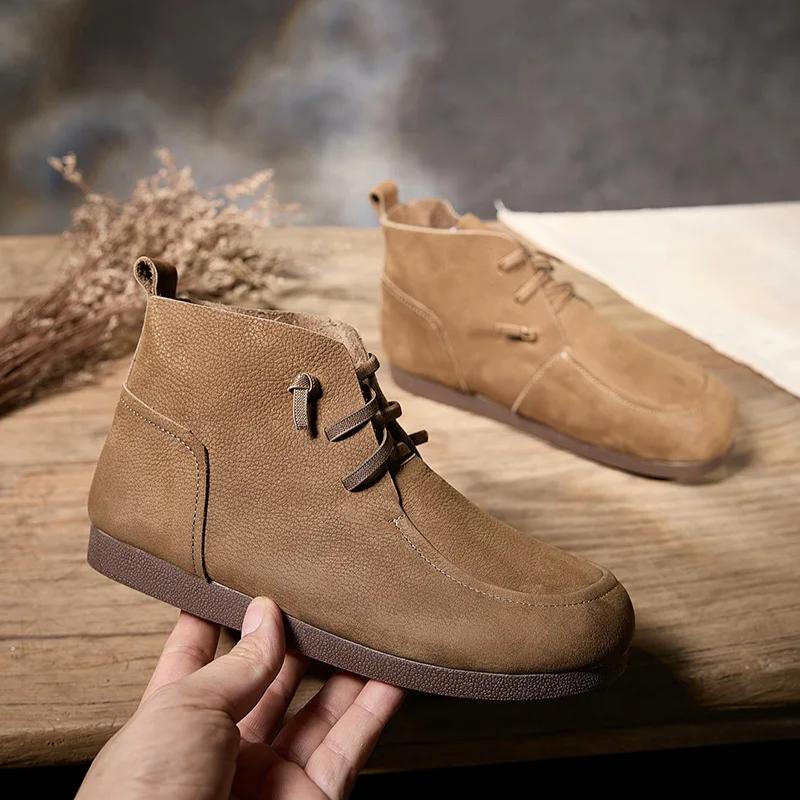Johnature Retro Genuine Leather Flat Ankle Boots Handmade Soft Cowhide Elastic Band Soft Soled Women's Shoes
