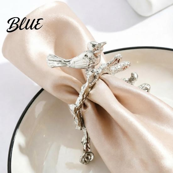 Satin Napkin Ring Ring Vintage Branch & Bird Design with Gold Finish Open-End Holder for Chinese Wedding Table Decor Cloth Linen Dinner Napkins,