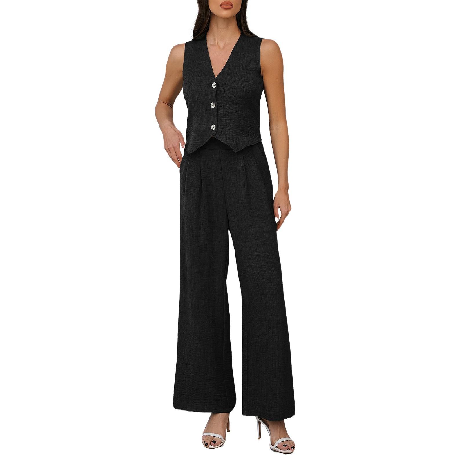 

Женский свободный повседневный однотонный жилет с V-образным вырезом и широкими брюками, комплект из жилета и широких брюк M