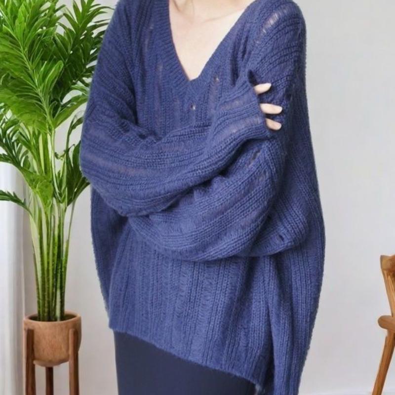 Spring and Autumn Lazy Style Knitted Sweater Women's Loose Outer Wear Hollow Out V-neck Casual Slim Base Layer Thin