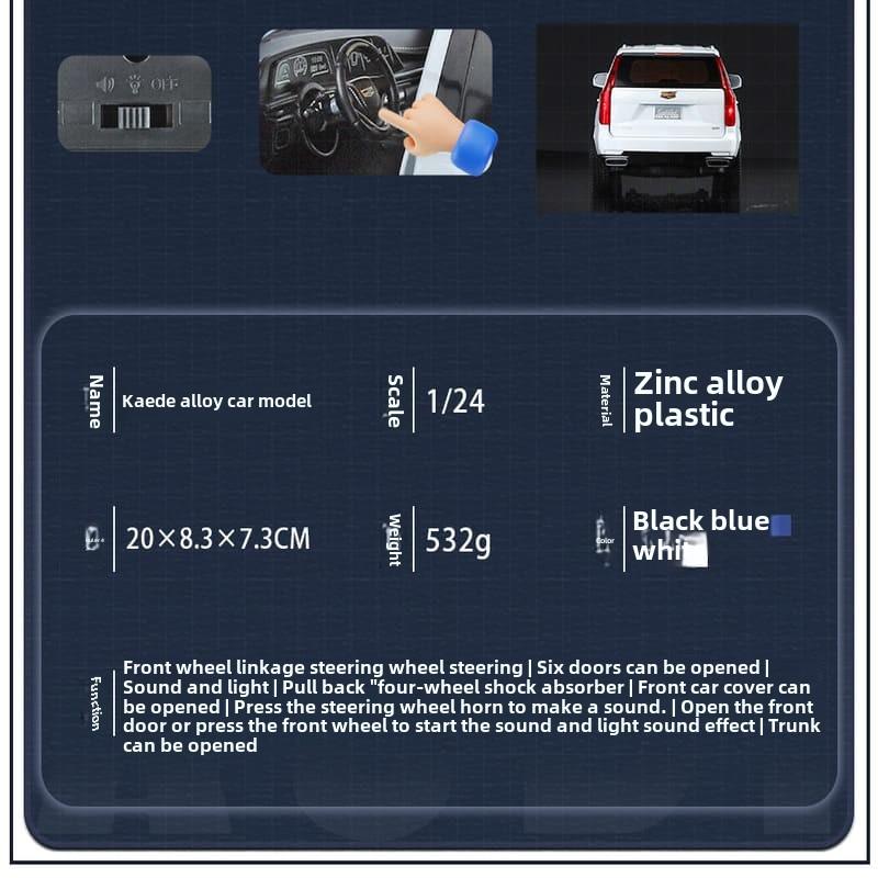 1/24 Full Scale Escalade SUV Alloy Car Model Die-cast Metal Off-road Vehicle Car Model Simulation Sound and Light Collection Children's Toy Gift