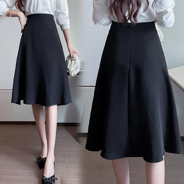 Petite Women's Black High-Waisted A-Line Pleated Mid-Length Skirt - Summer Professional Umbrella Style