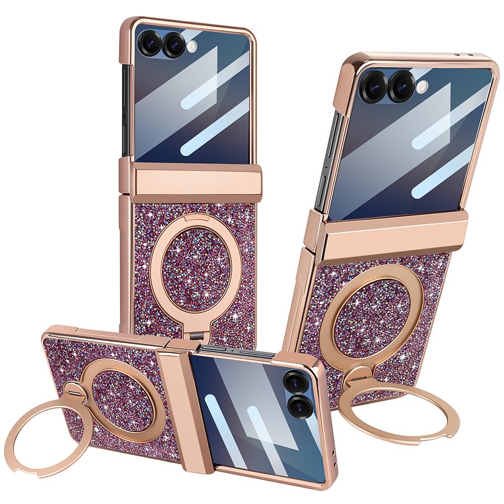 Glitter Faux Leather for Samsung Z Flip 7/6 Phone Case with Magnetic Rotatable Kickstand, Anti-peep Film Protective Hinge Cover