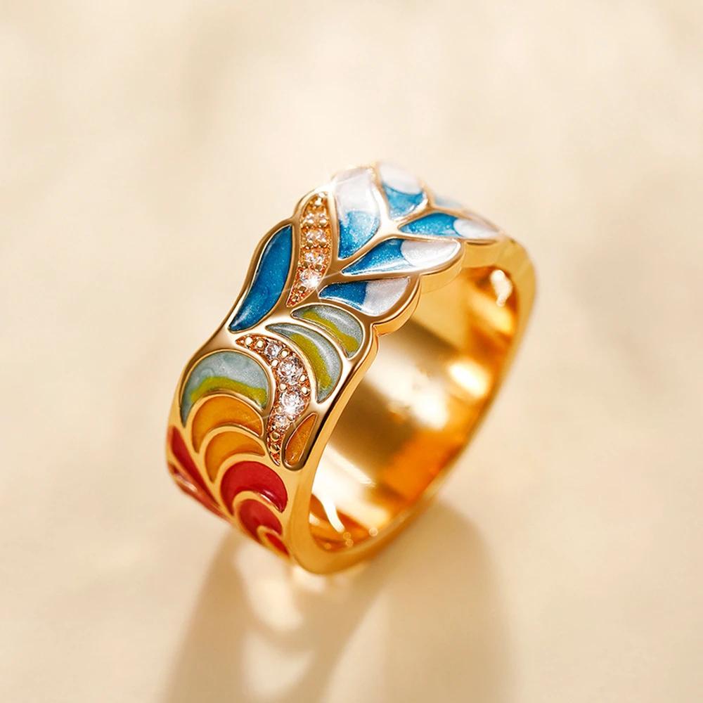 Green Leaf Enamel Handmade Oil Dropping Women's Ring Charm High Luxury Westernized  Prom Fancy Birthday Gift Fashion Jewelry