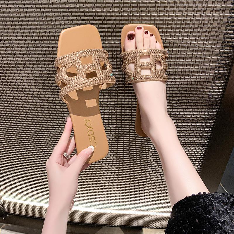 Foreign trade large size women's shoes 2024 summer outer wear slippers fashion rhinestone one-word drag beach cool slippers slippers
