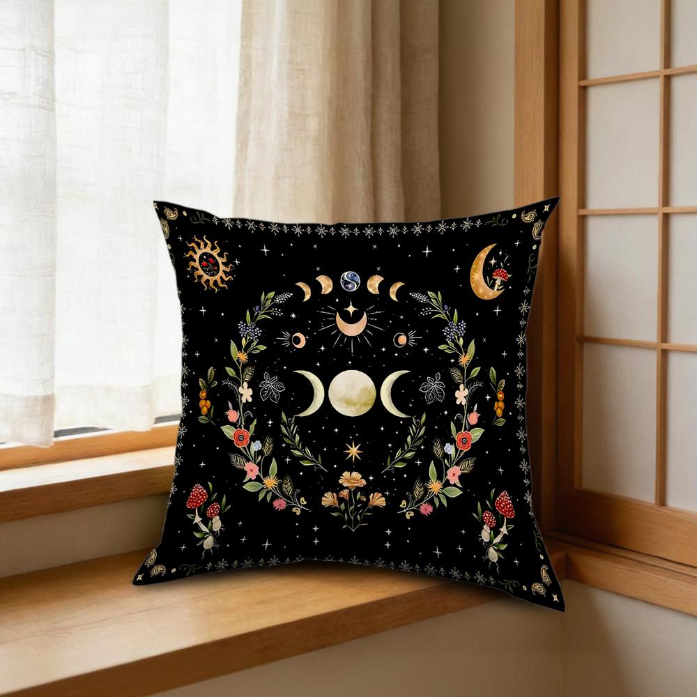 1Pc Black Vintage Celestial Moon Phase Floral Cushion Cover Soft Washable Fabric Decorative for Sofa Bed