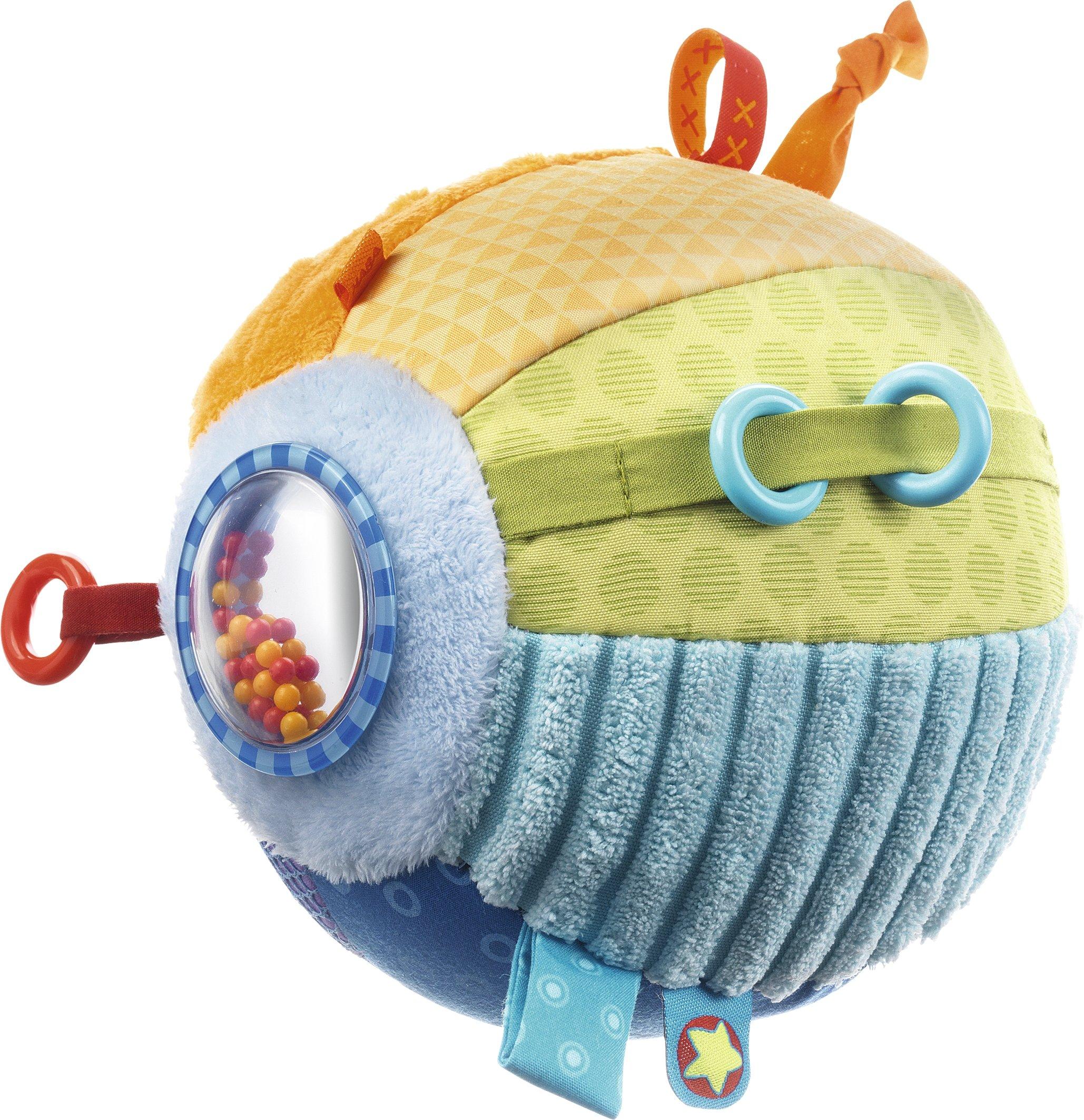 

HABA Discovery Ball: Soft, colorful, and fun to touch with 3D patterns. Includes ring, tag, rattle, and mirror.