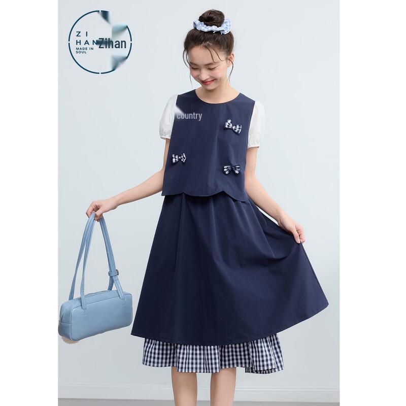ZIHAN Women s Faux Two-Piece Bowknot A-line Dress XS
