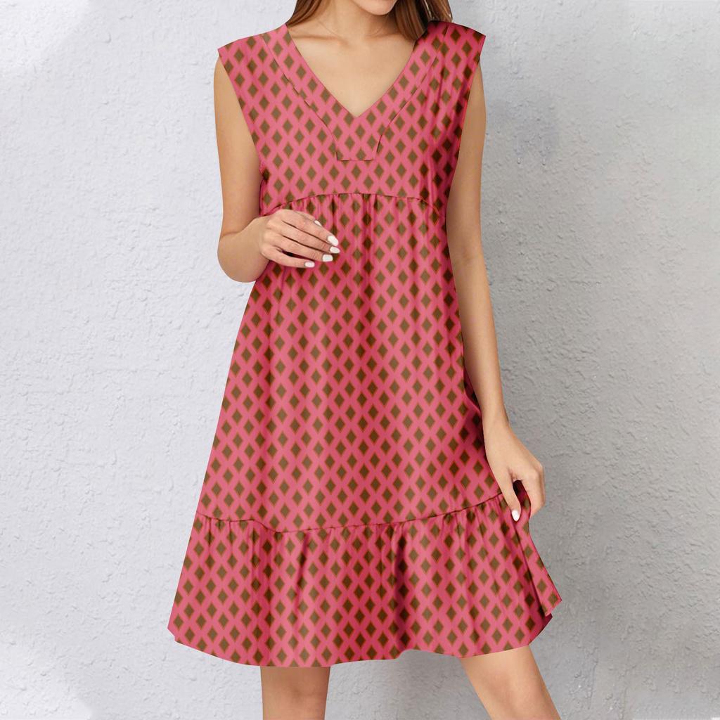 Womens Summer Dress Sleeveless V Neck Printing Short Dresses Fashion Casual Flowy Boho Ruffle A Line Swing Sundress