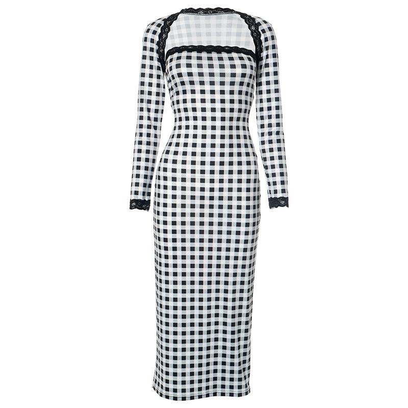 Women's  Lace Plaid Printed Sheath Dress Patchwork Shawl Two Piece Set