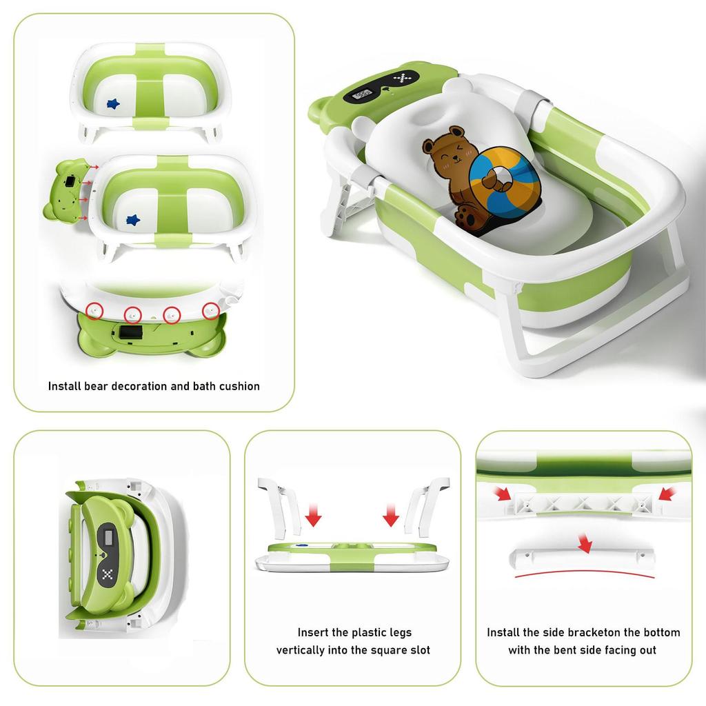 Foldable Baby Bathtub for Infants To Toddler, Portable Travel Bathtub with Thermometer & Bath Cushion & Bath Cap, Baby Bathtub for Newborn 0-36 Month