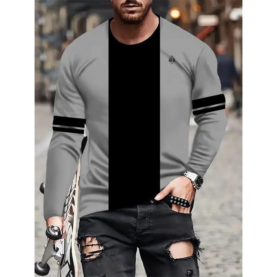 Simple Striped Print Autumn Fashion Crewneck Men's Long Sleeve T-shirt Outdoor Street Fashion Top Everyday Casual Comfort