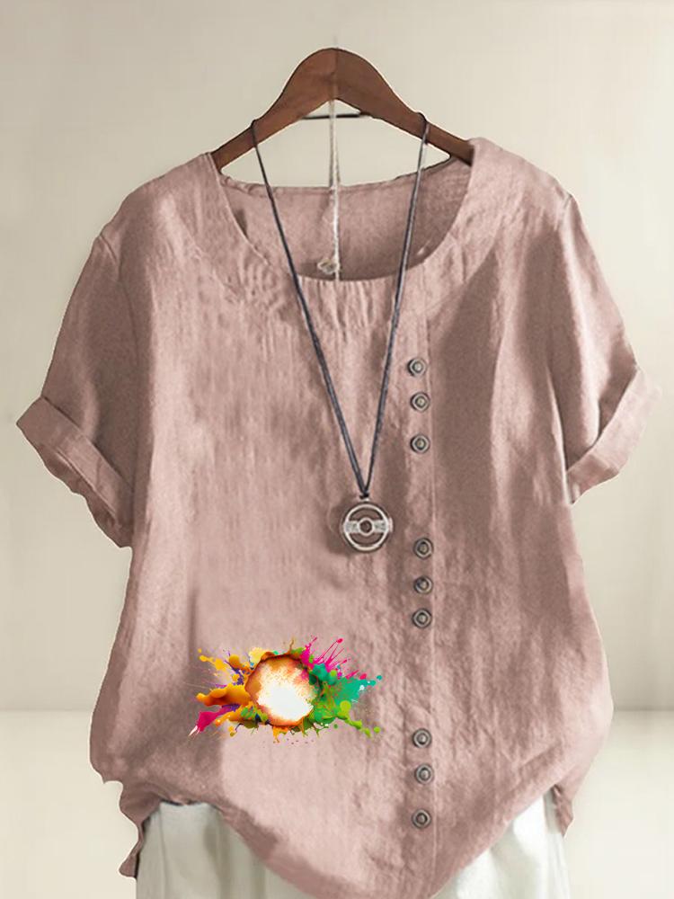 

Women s Fashion Colorful Print Casual Cotton Linen Short Sleeve Round Neck T-shirt Shirt Leisure Loose Summer Blouse Tops S розовый