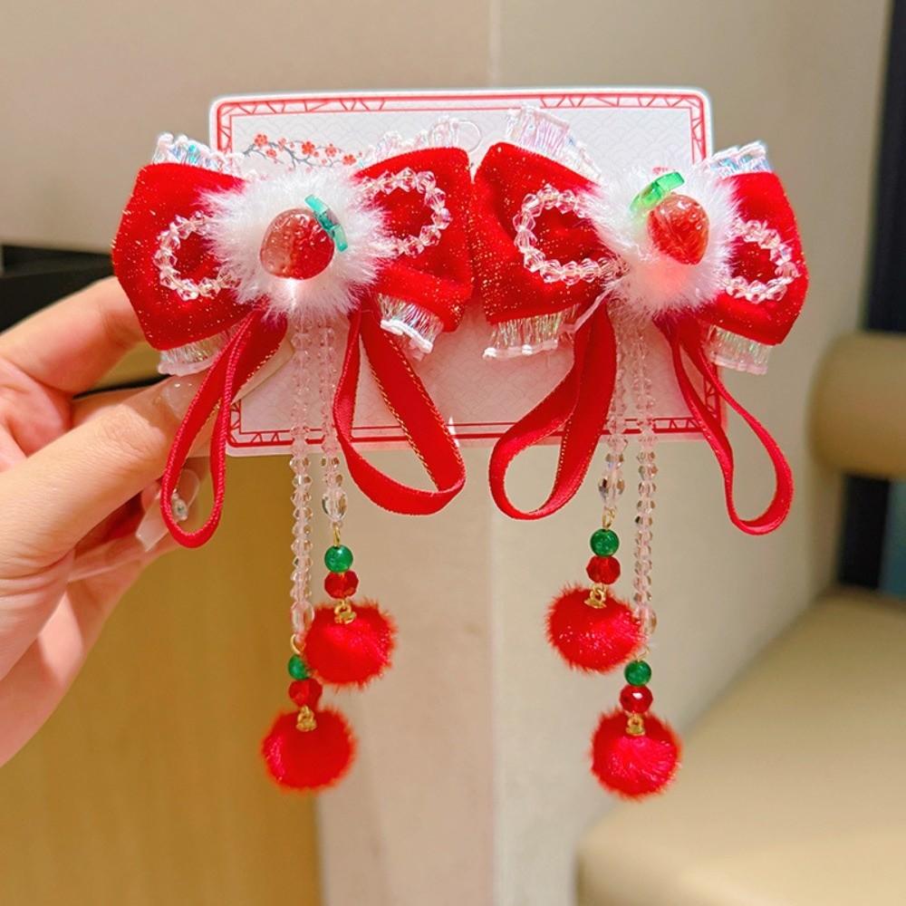 2pcs Bow New Year Tassel Barrettes Plush Ball Embroidered Bow Headwear Hanfu Hair Accessories  Kids