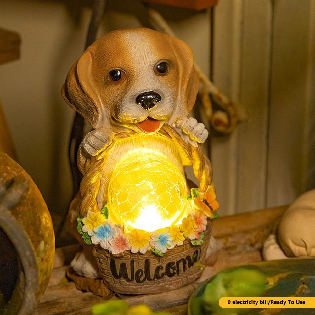 Słoneczne Dekoracje Ogrodowe Zewnętrzne Statuetki Psów Lampki, Uroczy Pies Wiaderko Powitalne Na Werandę Stojący, Na Taras Balkon Podwórko Ozdoby Dekoracje