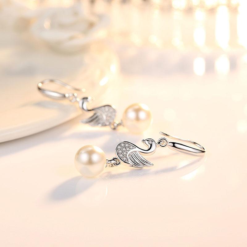 Ladies Elegant Zircon Swan Pearl Eardrop Earrings