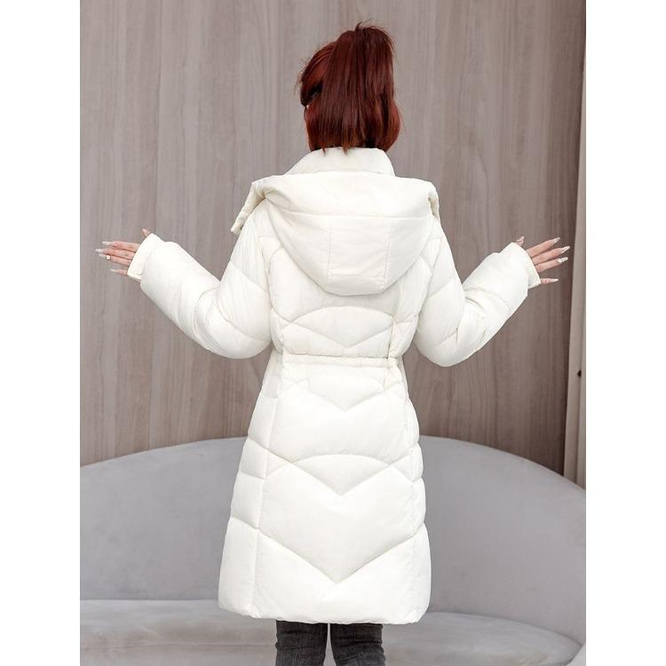 Damen Winter Schlank geschnittener Mittellanger Daunenmantel Dicke Warme Baumwoll-Pufferjacke mit Taillenraffung