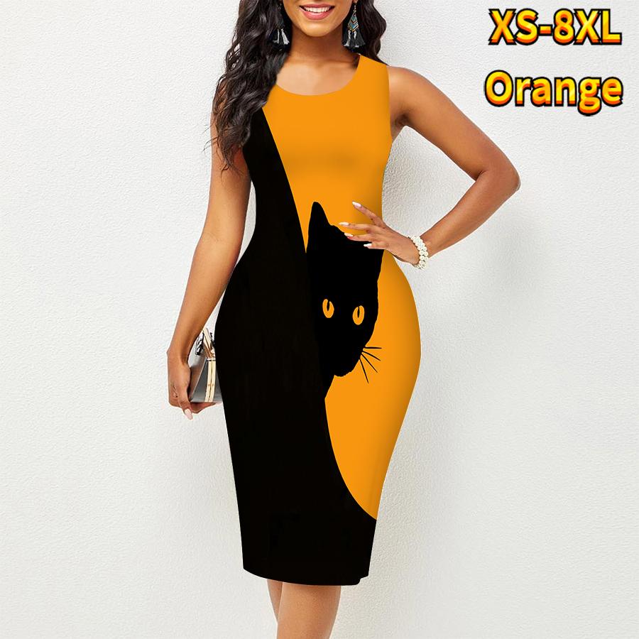 Damen Kleid Sling Sommerschwarz Katzendruck Kleider Eng Ärmellos Slim Fit Sexy Fashion Top Kleidung