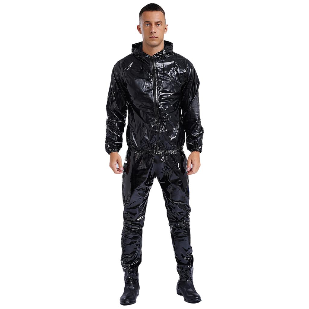 Unisex PVC Sauna oblek Dlouhý rukáv Zip S kapucí Stahovací šňůrka Bunda Vrchní díly Kalhoty Cvičení Trénink