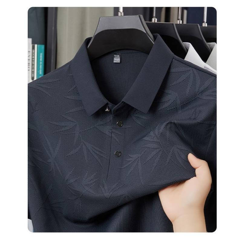 Men's Summer Grey Bamboo Leaf Print Polo Collar Short Sleeve Shirt