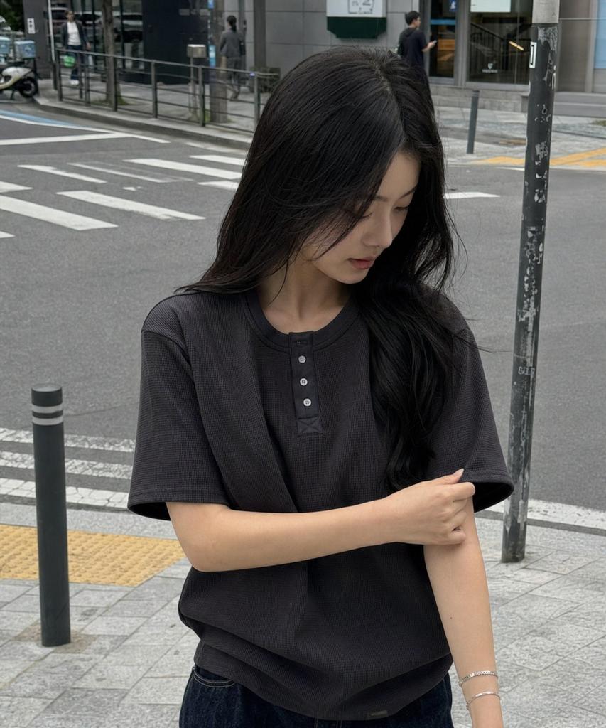 Peulonteuakaibeulaeb [2Pack] Waffle Cotton Henley Neck Short Sleeve T-Shirt [2Color]