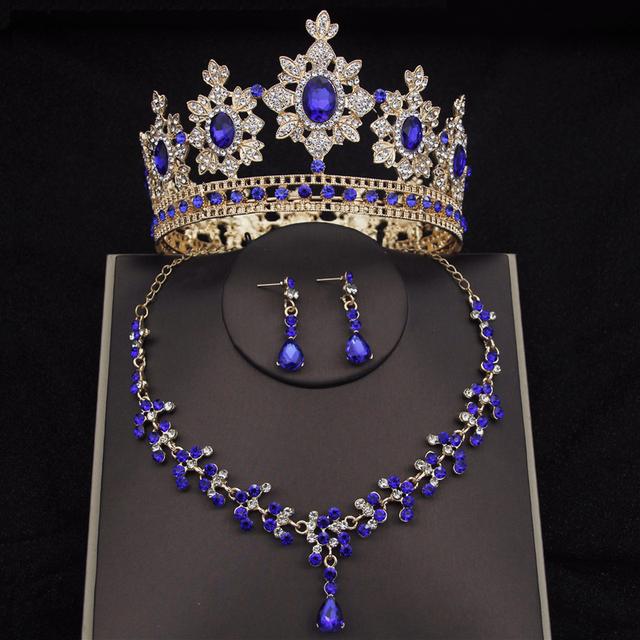 

Наборы свадебных украшений с цветами в стиле барокко и кристаллами для женщин, модные диадемы с короной, серьги и ожерелье, комплект невесты, выпускного вечера, Дубай, комплекты ювелирных изделий синий