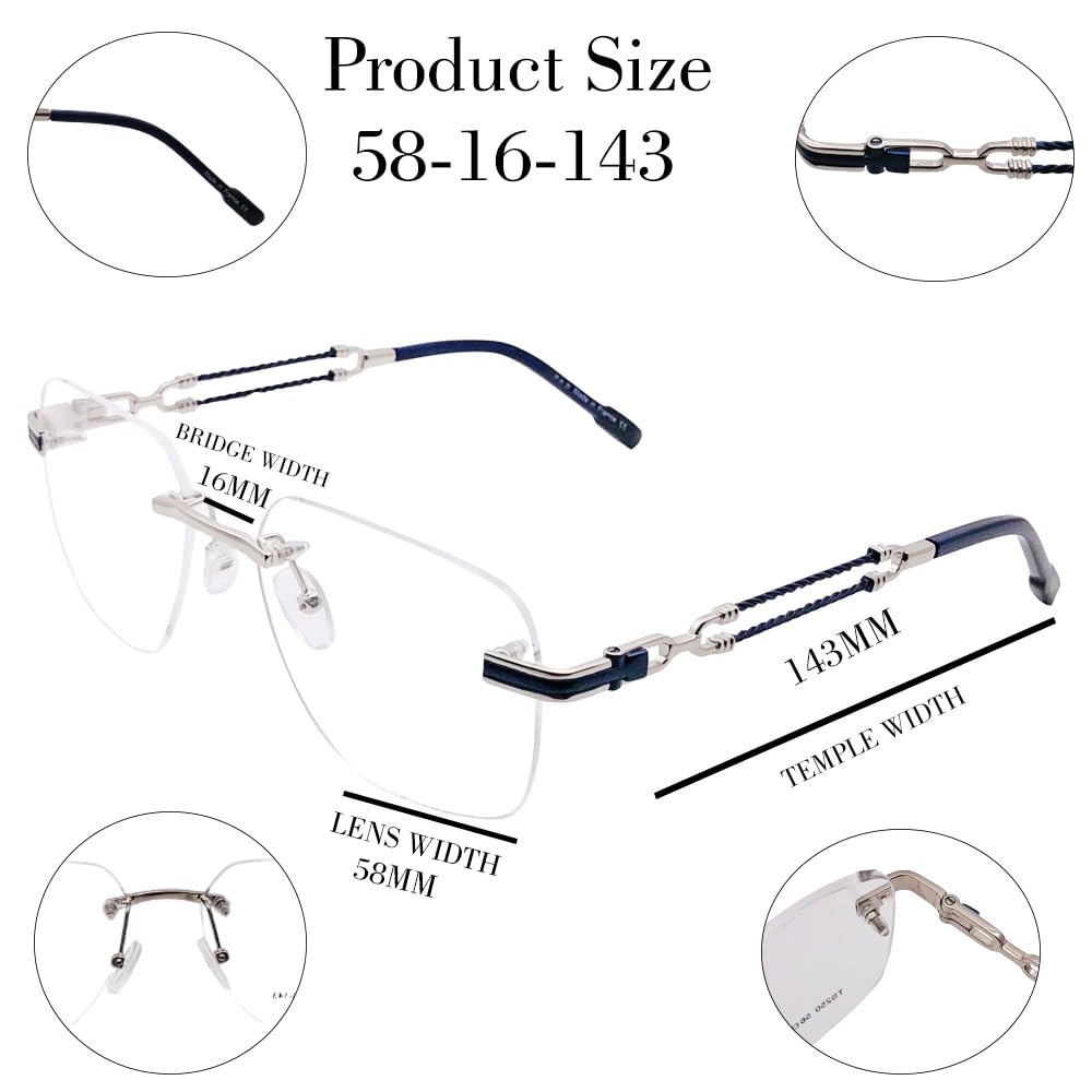 RSINC Rimless Frame Spectacle Eyeglass Metal Cup Durable Frames TS250 56-16-143 C5 BR 3 (Silver Blue) FR Silver Blue TS250 C5 | BR 3